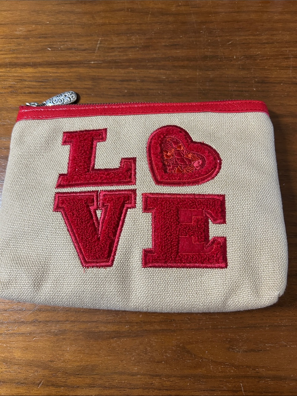 Brighton Canvas LOVE Appliqué Crossbody Pouch — Red on Tan NWOT